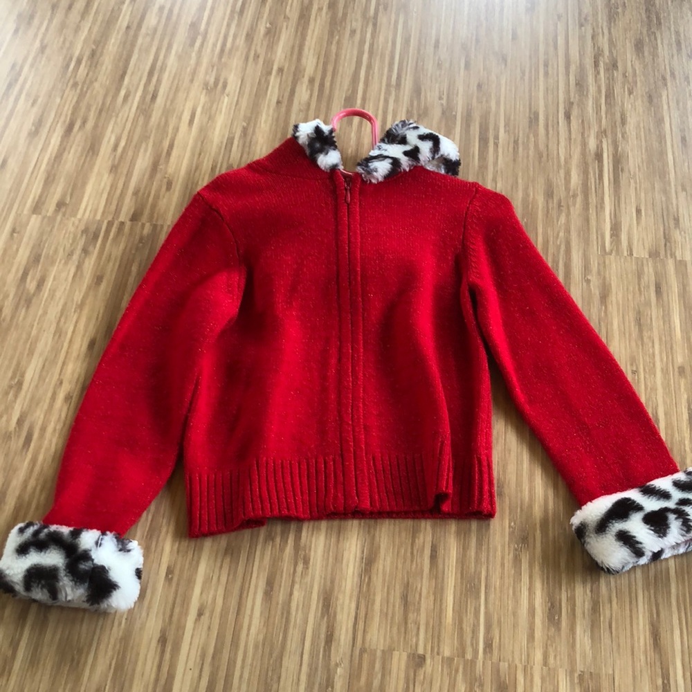 Little Girls Sparkly Red w Fuzzy Leopard Print Trim ZipUp